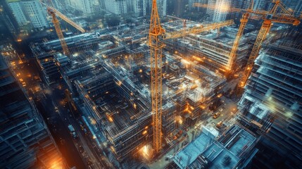 Poster - A vibrant city construction site utilizing drones, AI-powered machinery, and digitally connected workers for advanced project management