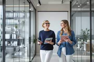 Aufkleber - Two smiling businesswomen walking in a modern office hallway, holding digital tablets and phones, discussing work.