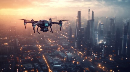 Poster - Advanced urban development project featuring drones, 3D printing machines, and digital tools used by skilled workers