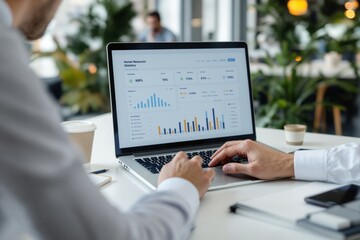 Aufkleber - Business person analyzing data on a laptop screen in a modern office background.