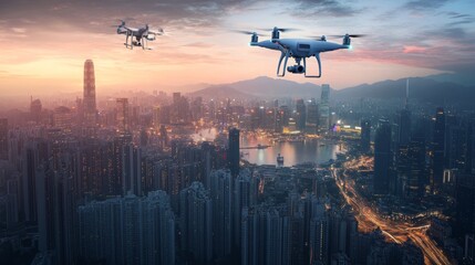 Poster - Advanced urban development project featuring drones, 3D printing machines, and digital tools used by skilled workers