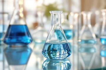 Poster - Laboratory glassware filled with blue liquid on a reflective surface, with blurred scientific equipment in the background.