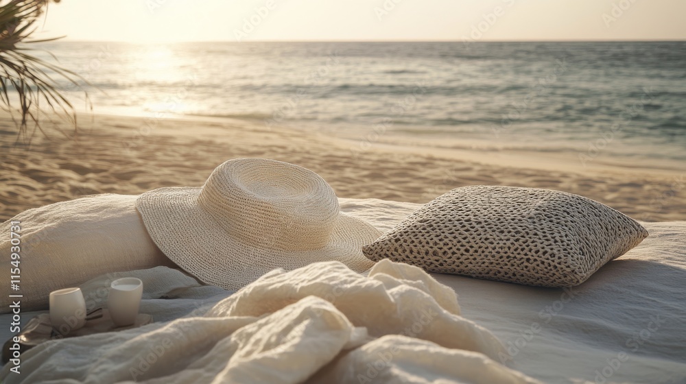 beachfront lifestyle scene, person reclined on sandy beach, cream woven ...