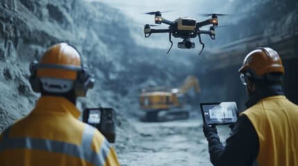 Poster - High-tech construction zone featuring a drone flying overhead and workers using smart glasses for project visualization