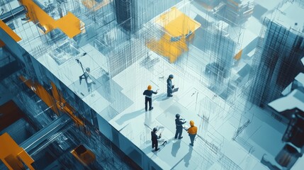 Poster - Innovative urban construction with workers inspecting digital blueprints on tablets as drones monitor the site from above