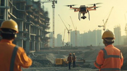 Poster - Urban construction scene showcasing drones, autonomous machinery, and tech-savvy workers shaping the city's future