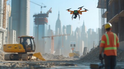 Poster - Urban construction scene showcasing drones, autonomous machinery, and tech-savvy workers shaping the city's future