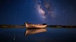 © xbzz - Solitary boat anchored under starry sky nighttime tranquility nature serene waters wide angle peaceful reflection