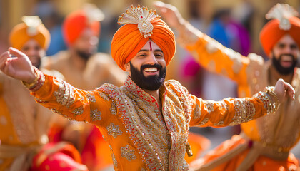 Wall Mural - A group of men in vibrant traditional attire, including orange turbans and beards, performing an intricate bhangra dance with energetic movements and joyful expressions. 