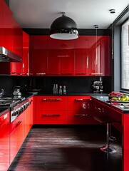 Wall Mural - Modern Red Kitchen With Sleek Black Accents And Dark Wood Floor