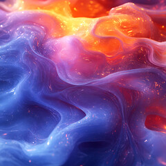 Aufkleber - Abstract illustration of an undulating flow of a thick liquid, shimmering with vibrant blue-orange colors. With colorful gradients and burning particles