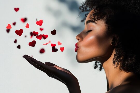 portrait of black woman blowing kiss with red small hearts flying out of her hands, against a white background, concept of Valentine's Day