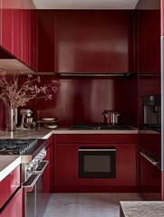 Wall Mural - Modern Red Kitchen With Stainless Steel Appliances