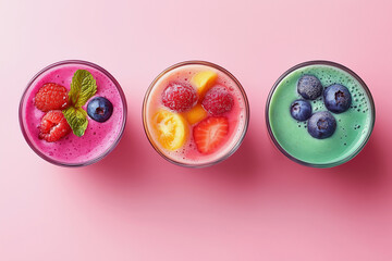 Wall Mural - Three colorful fruit smoothies in tall glasses. The smoothies are made with strawberries, blueberries, and raspberries