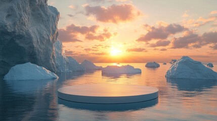 Wall Mural - Modern podium on shimmering water with icebergs drifting under a golden sunrise 