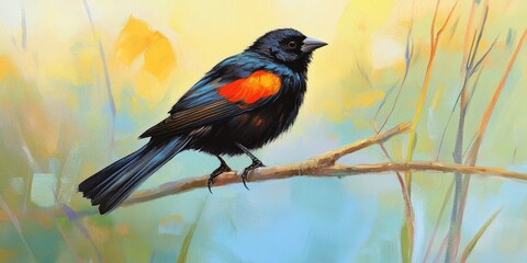 red winged black bird perched elegantly on a branch, showcasing its striking features in a tranquil 