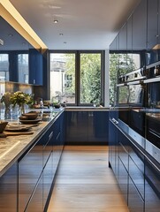 Wall Mural - Modern Sleek Kitchen With Dark Blue Cabinets And Wood Floor