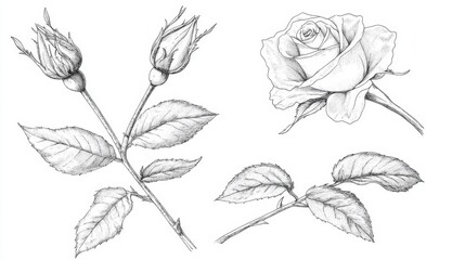 Wall Mural - Black line art of a rosebud and leaves, drawn in one elegant, uninterrupted stroke on white.
