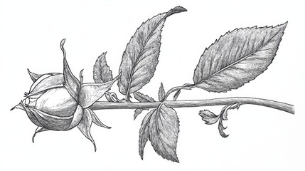 Wall Mural - Black line art of a rosebud and leaves, drawn in one elegant, uninterrupted stroke on white.
