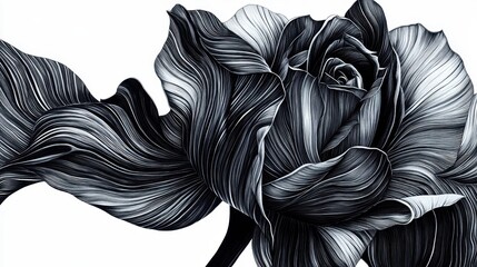 Wall Mural - Black line art of a rosebud and leaves, drawn in one elegant, uninterrupted stroke on white.