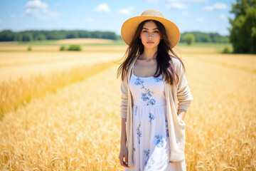 Woman wheat field dress sundress cardigan hat hair style