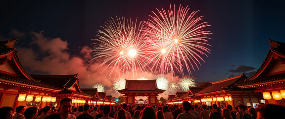 Fireworks illuminate the night sky over Japanese temple during local festival celebration