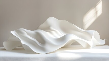 Poster - Elegant White Fabric Sculpture with Soft Waves in Natural Light