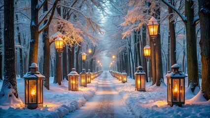 Wall Mural - Serene Snowy Pathway with Glowing Lanterns