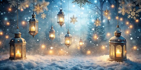 Wall Mural - Cozy Lanterns in a Snowy Winter Landscape