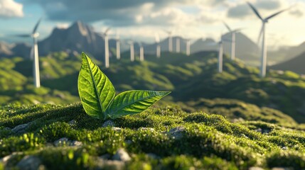 Wall Mural - Green sprout growing in moss with wind turbines background.