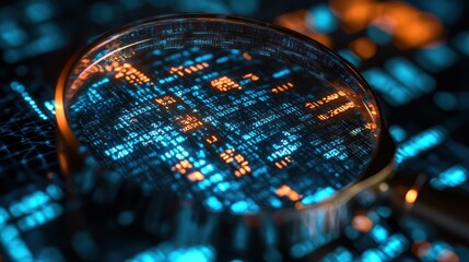Magnifying glass over glowing digital code.