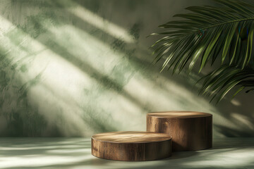 Wall Mural - A serene display with wooden platforms and lush green foliage, illuminated by soft light.