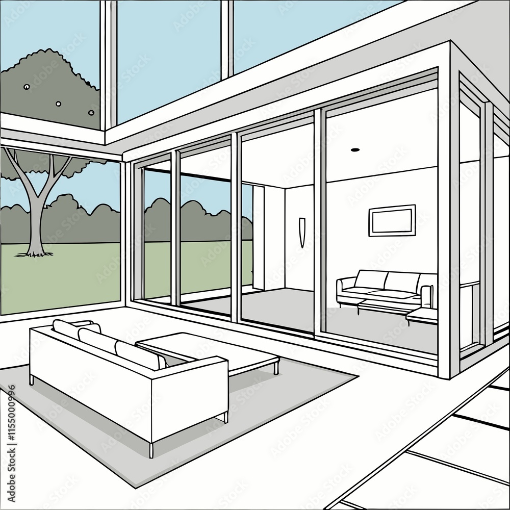 An open-plan living space, modern furniture and a spacious view with ...