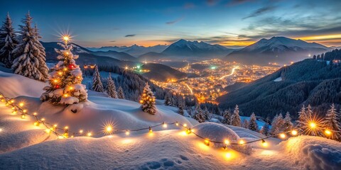 Wall Mural - Snowy Mountain Sunset with Holiday Decor Lights