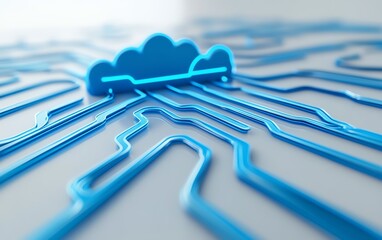 Poster - Tech concept of a digital cloud upload icon with blue circuit lines, minimalistic design, on a white background, 3D rendering
