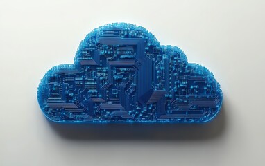 Leinwandbilder - Tech concept of a digital cloud upload icon with blue circuit lines, minimalistic design, on a white background, 3D rendering