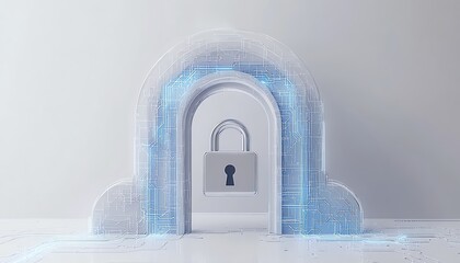 Aufkleber - Tech security concept with a digital padlock icon featuring blue circuitry lines, minimalistic style, and a white background, 3D rendering