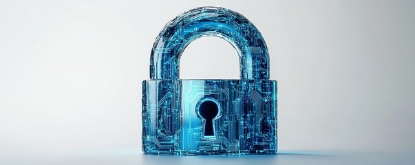 Aufkleber - Tech security concept with a digital padlock icon featuring blue circuitry lines, minimalistic style, and a white background, 3D rendering