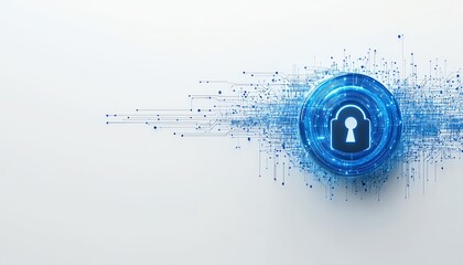 Aufkleber - Tech security concept with a digital padlock icon featuring blue circuitry lines, minimalistic style, and a white background, 3D rendering