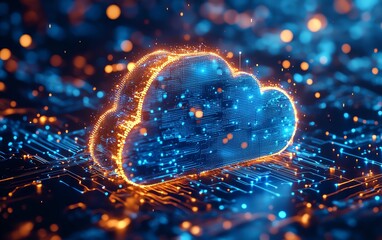 Poster - 3D rendering of a cloud upload icon with blue circuit lines, white background, symbolizing technology and data transfer concepts