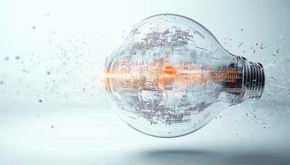 Aufkleber - 3D rendering of a digital lightbulb with complex circuit designs, glowing light streaks, and binary code on a clean white background
