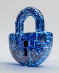 Leinwandbilder - 3D rendering of a digital padlock icon with blue circuitry lines, minimalistic design on a white background, symbolizing virtual protection and security