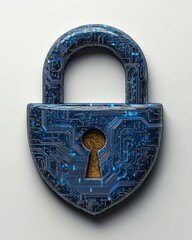 Aufkleber - 3D rendering of a digital padlock icon with intricate blue circuitry lines, minimalist style, symbolizing virtual protection on a white background