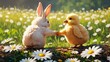 © Pixelpur - A bunny and a butterfly sharing a moment in a sunny field, holiday promo poster Easter sale banner background, vibrant colors, romantic love and harmony