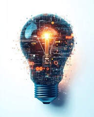 Leinwandbilder - 3D rendering of a lightbulb with intricate digital circuits, abstract light streaks, and binary code, representing innovation and ideas on a white background
