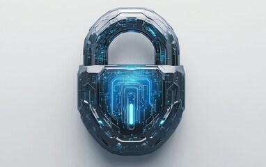 Poster - 3D rendering of a minimalistic digital padlock with blue circuitry lines, clean white background, representing virtual protection and tech security