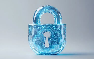 Poster - 3D rendering of a minimalistic digital padlock with blue circuitry lines, clean white background, representing virtual protection and tech security