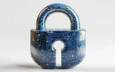 Poster - 3D rendering of a minimalistic digital padlock with blue circuitry lines, clean white background, representing virtual protection and tech security