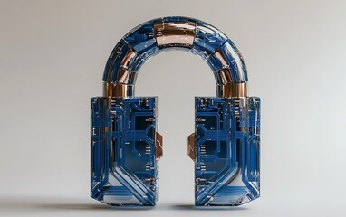 Poster - 3D rendering of a minimalistic digital padlock with blue circuitry lines, clean white background, representing virtual protection and tech security