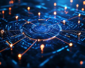 Leinwandbilder - 3D rendering of social network connections, featuring digital user symbols linked by dynamic lines on a dark blue abstract background, illustrating modern technology